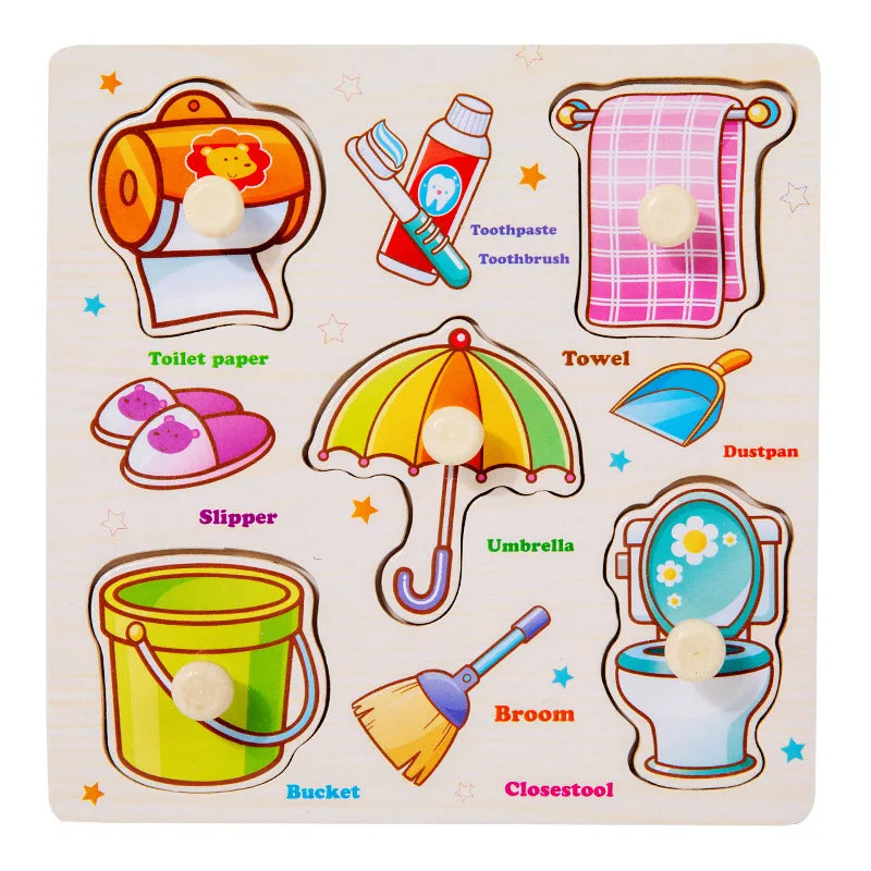 Baby Wooden Puzzles Montessori Toys 1 2 3 Years Toddler Toys Hand Grab Board Alphabet Number Cognition Learning Educational Toys