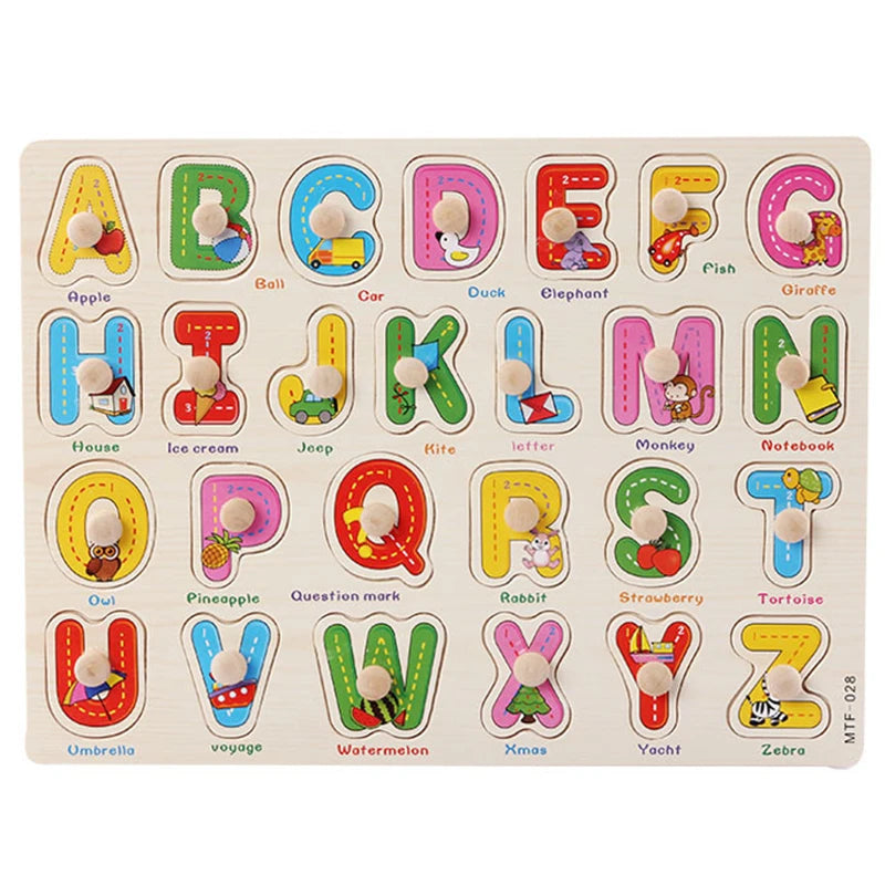 Baby Wooden Puzzles Montessori Toys 1 2 3 Years Toddler Toys Hand Grab Board Alphabet Number Cognition Learning Educational Toys